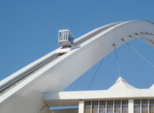 Funicular elevator to an observation deck and for maintenance in a soccer stadium 